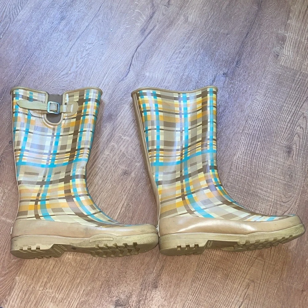 Vintage Sperry top side rain boots Woman’s 8 Plaid, brown, blue, orange, yellow - Picture 1 of 6